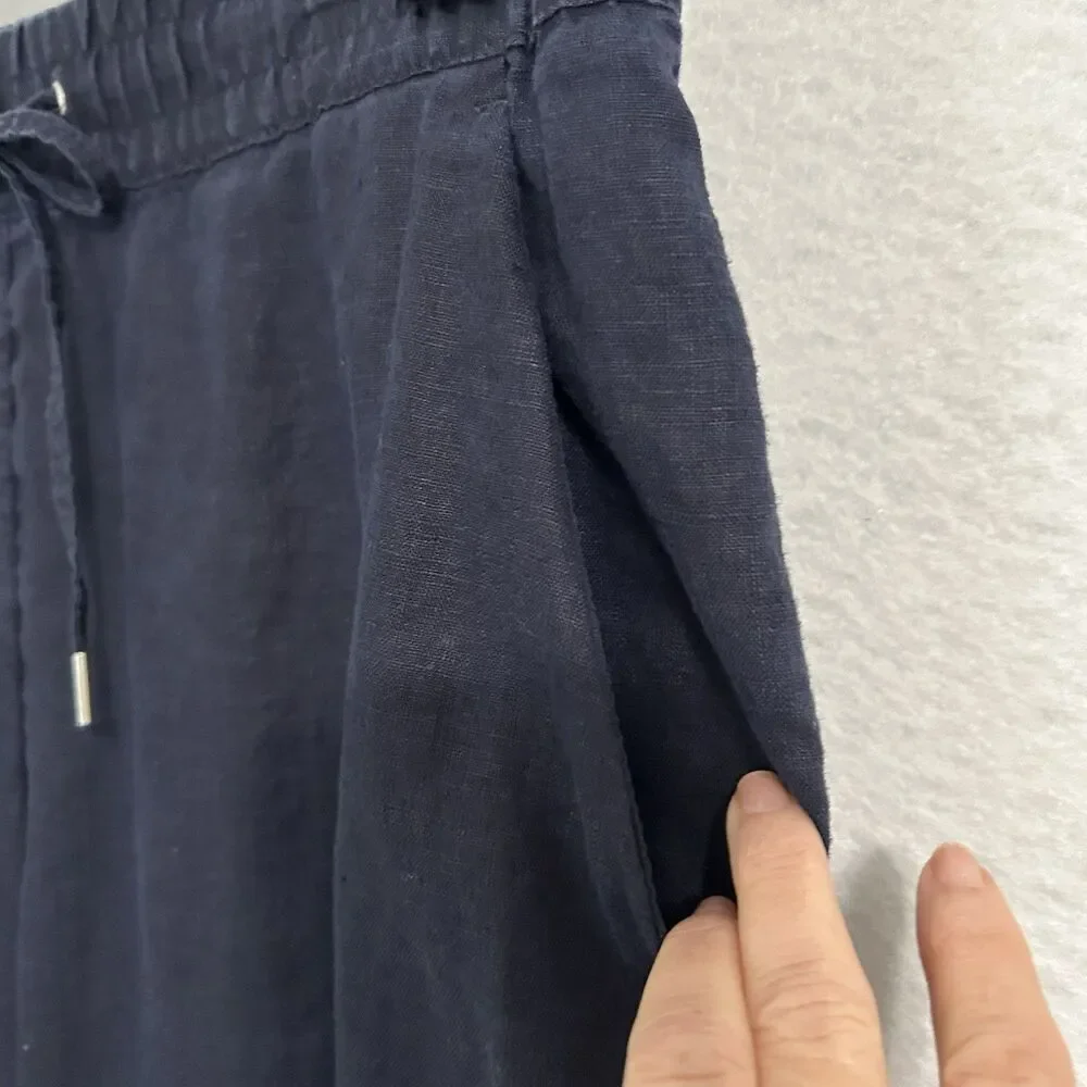 H&M Pants Women 10 Navy Linen Drawstring Elastic Taper Pocket Comfy Beachy Boho